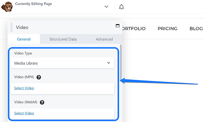Apuntando a la configuración general de video del creador de páginas Beaver Builder