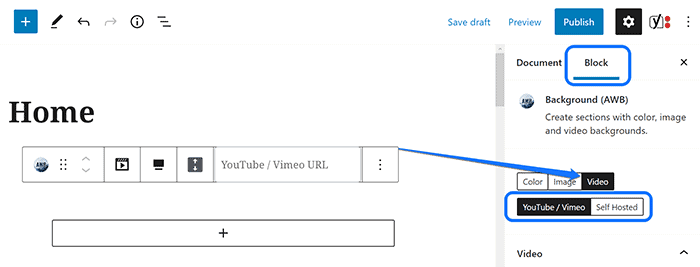 Seleccionar la opción de integración de video dentro de la configuración de bloqueo en la interfaz de la página de WordPress
