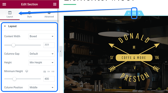 Apuntando a la sección Diseño y la configuración de ajuste de Elementor