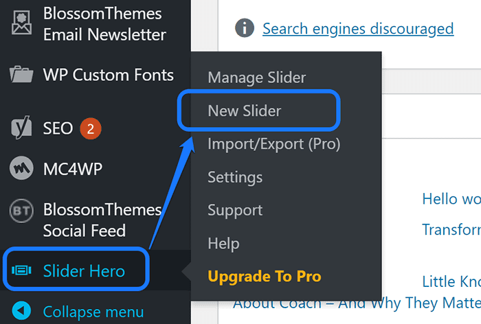 Señalando el botón Nuevo control deslizante dentro del menú desplegable del complemento Slider Hero