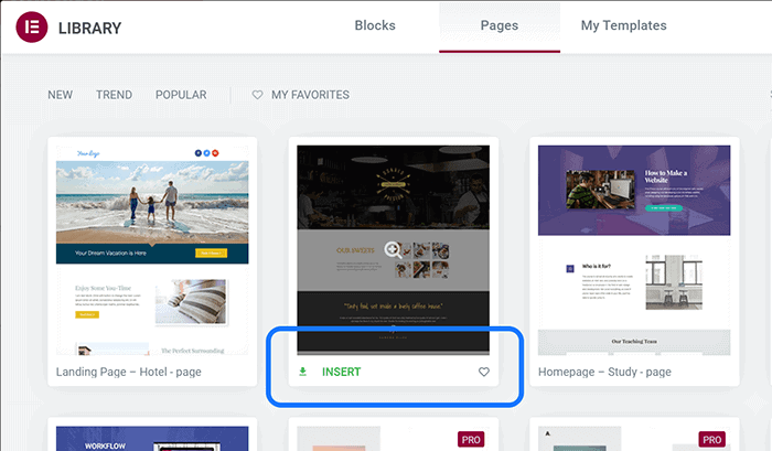 Destacando una de las plantillas de página prediseñadas de Elementor Website Builder