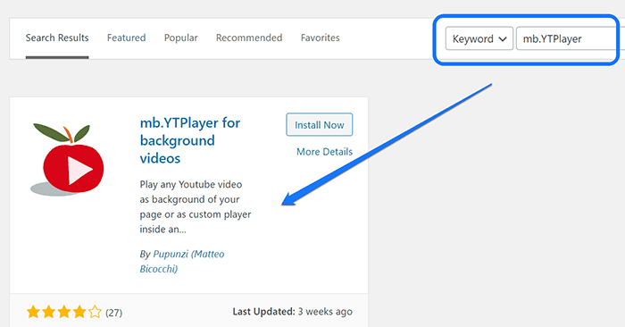 Instalación y activación del complemento de WordPress mb.YTPlayer