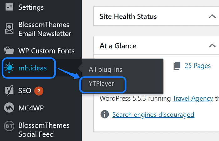 Apuntando al botón YTPlayer dentro del menú desplegable de mb.ideas en WordPress