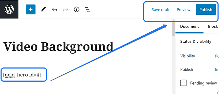 Resaltando el shortcode y señalando el botón Publicar
