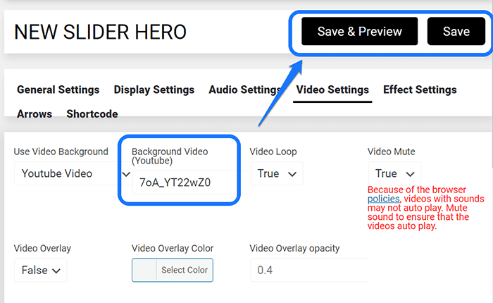 Insertar la URL del video de YouTube y apuntar al botón Guardar y vista previa del complemento Slider Hero