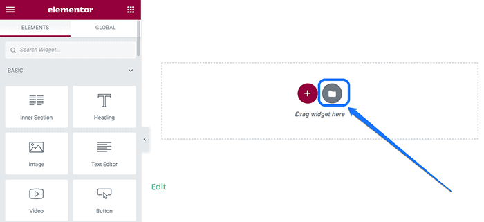 Apuntando al ícono de Carpeta en la interfaz de edición de Elementor Website Builder