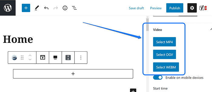 Destacando tres formatos de video que admite el complemento Advanced WordPress Backgrounds