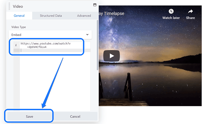 Mostrando el cuadro de texto donde puede insertar la URL del video en la interfaz de Beaver Builder