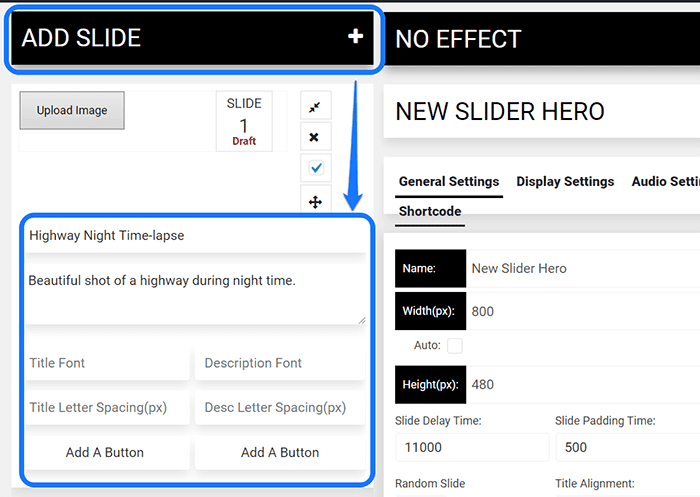 Resaltar la configuración del control deslizante en la sección Agregar control deslizante del complemento Slider Hero WordPress