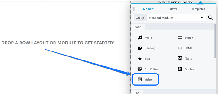 Apuntando al módulo Video en la interfaz de edición del generador de páginas Beaver Builder