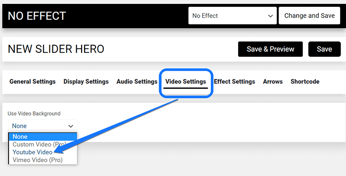 Apuntando a la configuración de video de YouTube dentro de Configuración de video