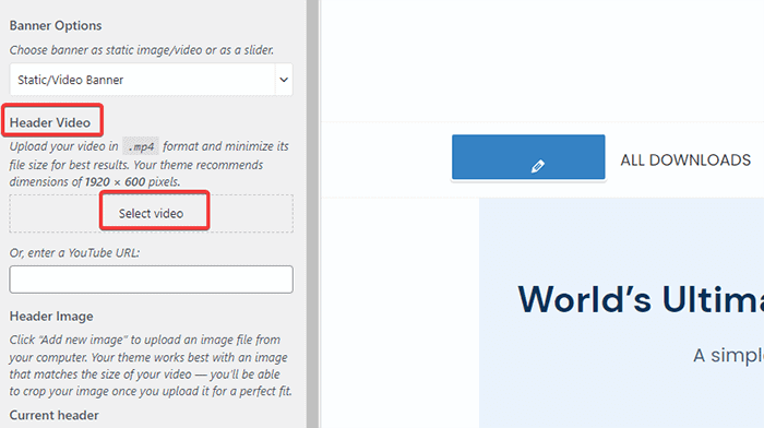 Una opción para seleccionar video para insertar en la barra de encabezado del tema de WordPress Chic Lite