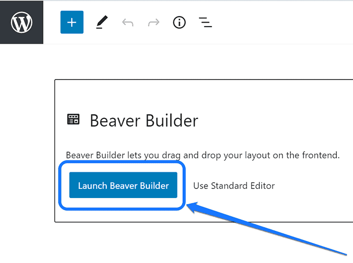 Apuntando al botón Iniciar Beaver Builder dentro de la ventana de Beaver Builder en WordPress