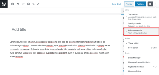 Editor Layar Penuh di WordPress
