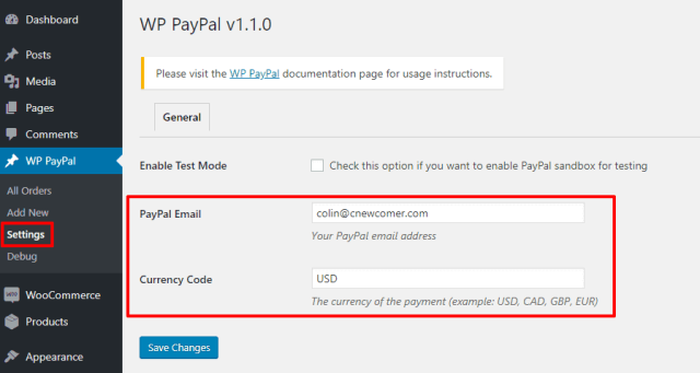 WP email PayPal