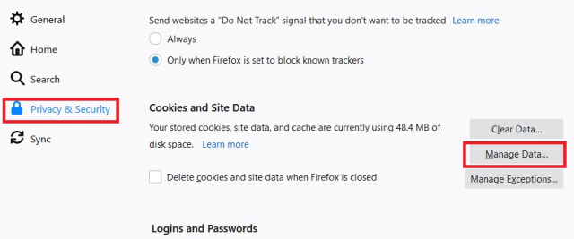 Firefox Site Verileri eylemi