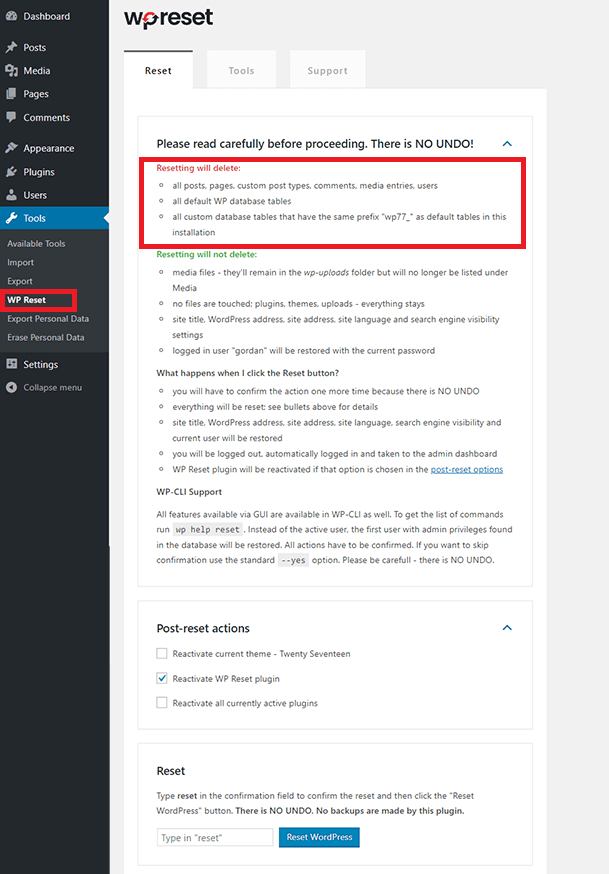 antarmuka plugin atur ulang wp