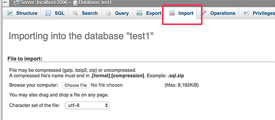 importuj PHPMyAdmin