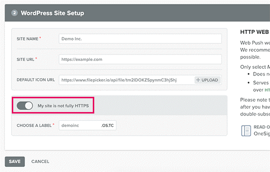 Configurare site WP OneSignal