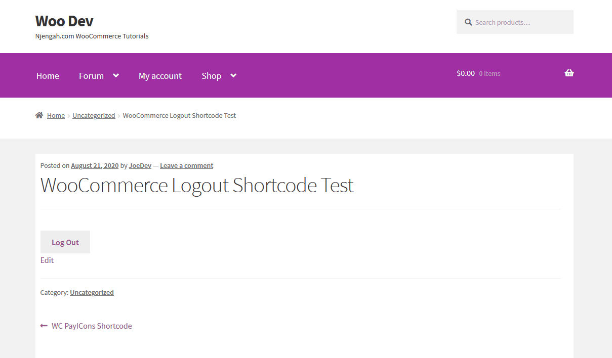 exemple de shortcode de déconnexion woocommerce