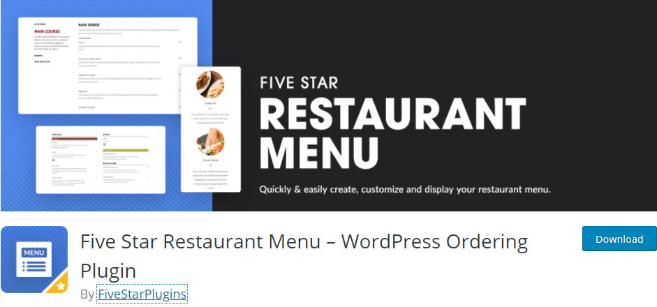 Menu del ristorante a cinque stelle - Plugin per l'ordinazione di WordPress