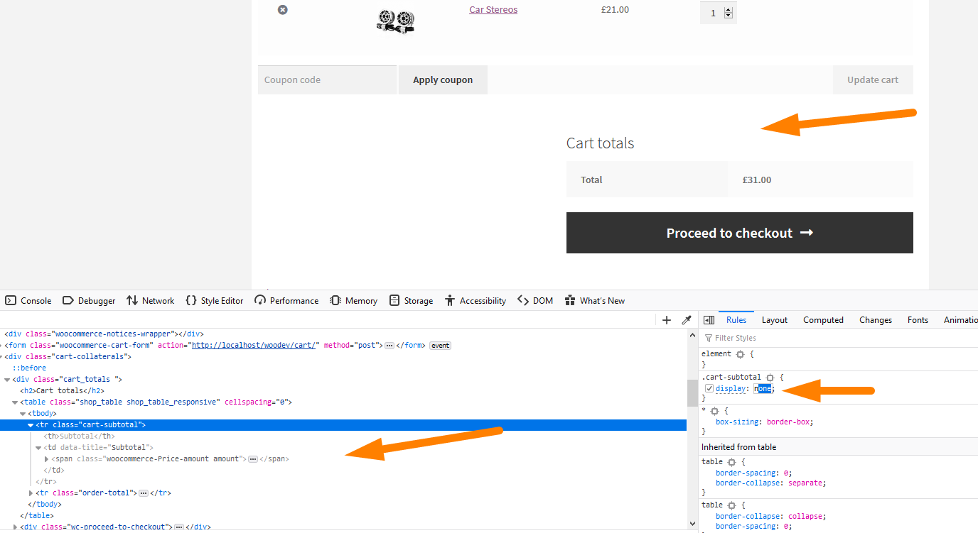 WooCommerce 우커머스에서 소계 숨기기 또는 장바구니 소계 제거