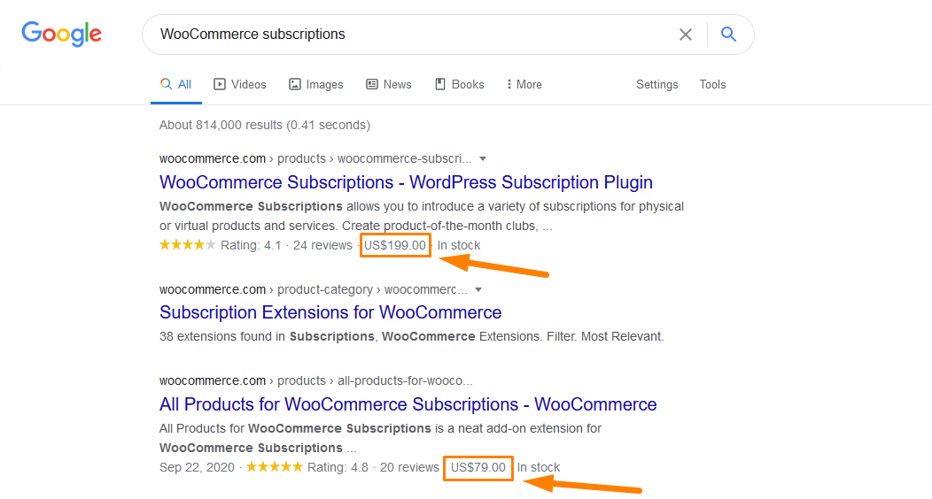Google 검색 엔진의 WooCommerce 가격