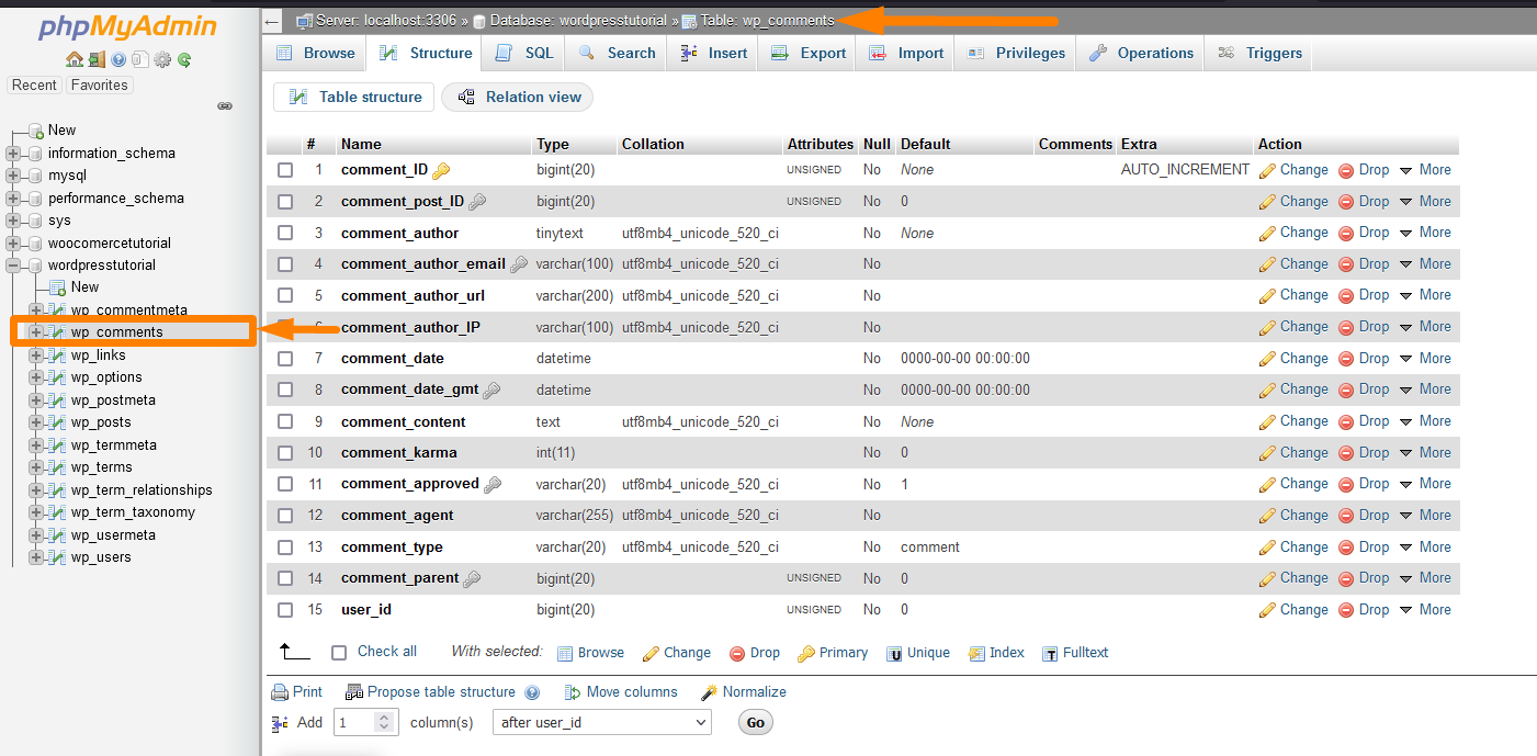 Tables de base de données WordPress par défaut wp_comments