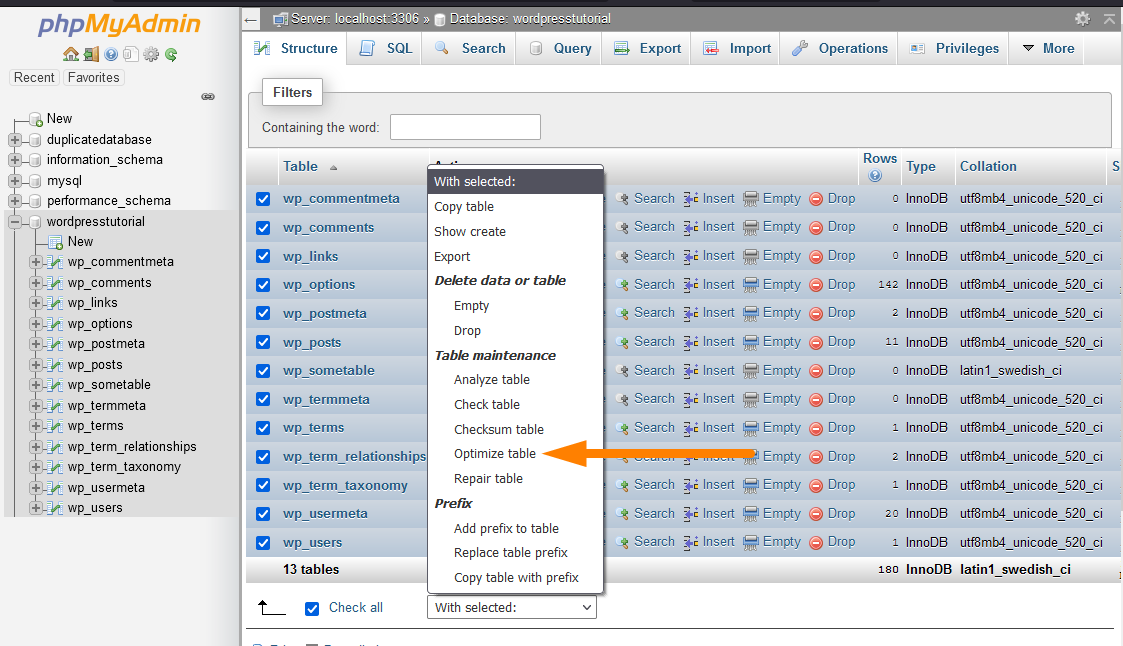 Optimisation de la base de données WordPress à l'aide de phpMyAdmin -2