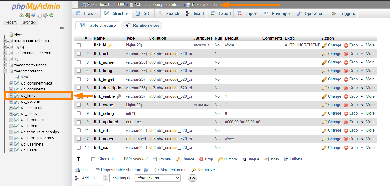 Tables de base de données WordPress par défaut wp_links