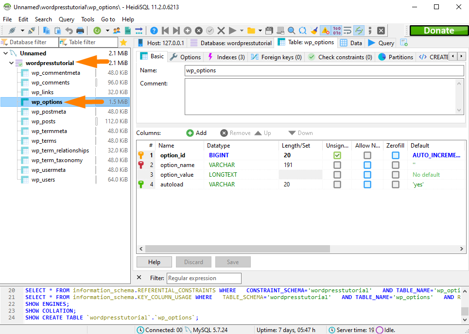 Connexion à la base de données WordPress avec HeidiSQL -2