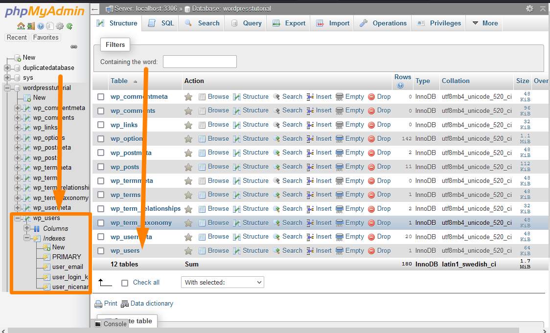 Sélectionnez la table wp_users Base de données WordPress