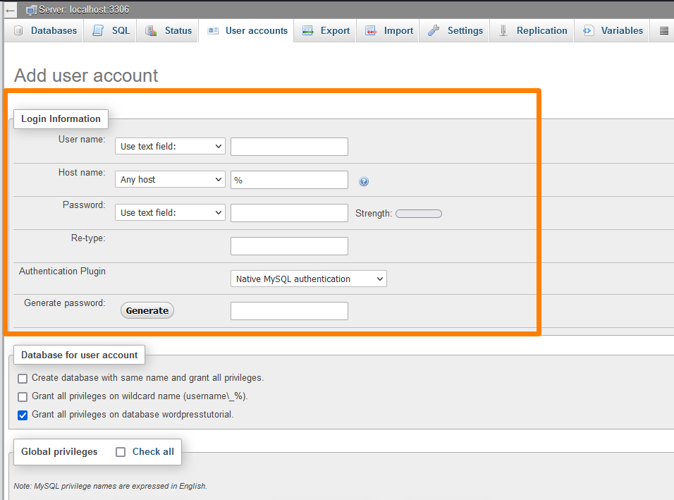 Créer un utilisateur de base de données WordPress - Menu Privilèges PhpMyAdmin Ajouter un lien de compte utilisateur