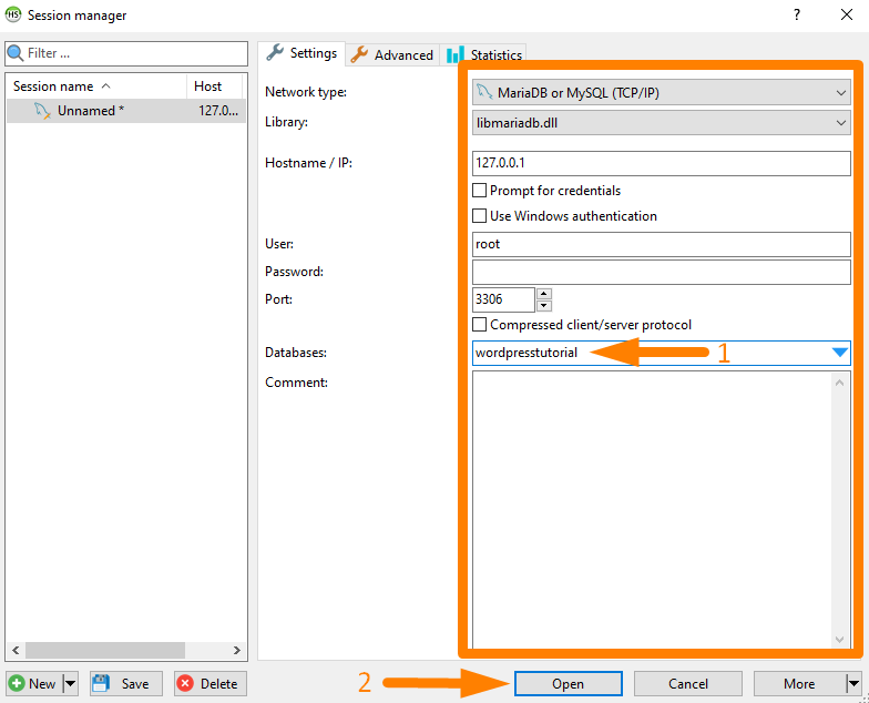 Connexion à la base de données WordPress avec HeidiSQL -2