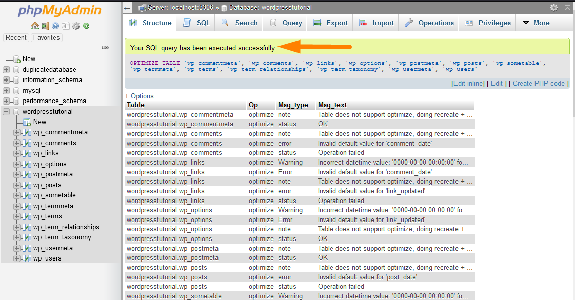 Optimisation de la base de données WordPress à l'aide de phpMyAdmin -3