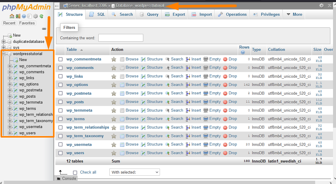 Sélectionnez la base de données WordPress PHPMyAdmin Base de données du didacticiel WordPress