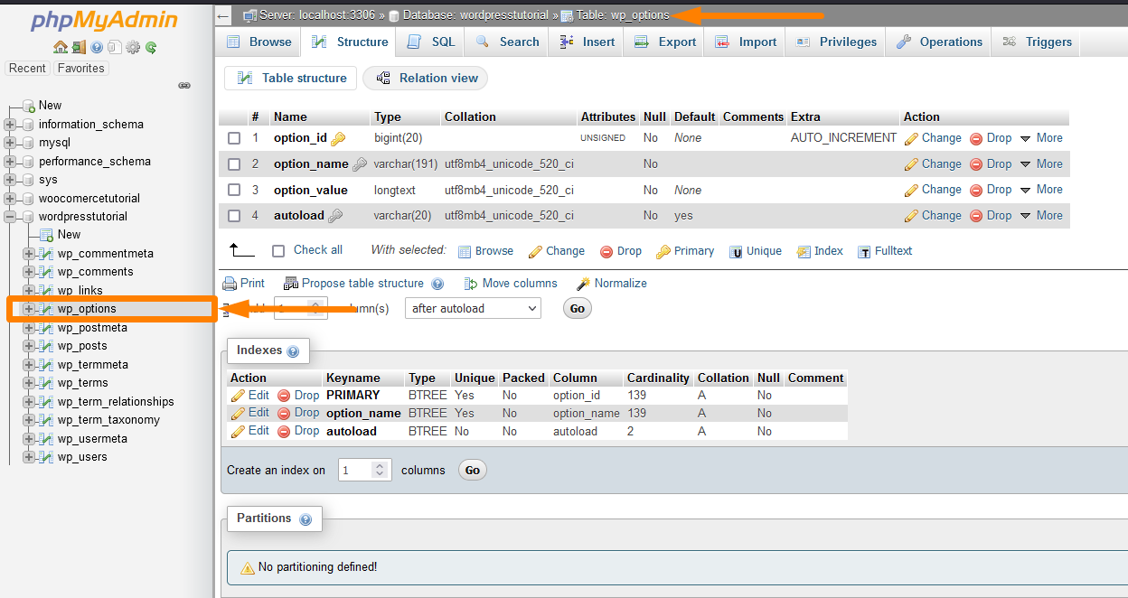 Tables de base de données WordPress par défaut wp_options