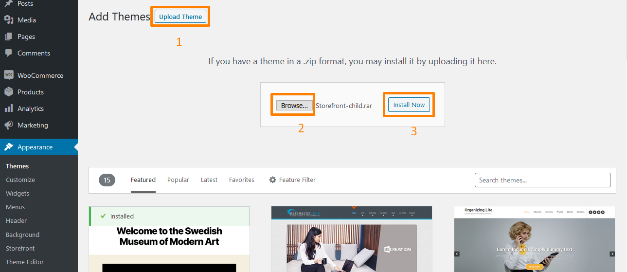 การอัปโหลดธีม สร้างธีมลูกหน้าร้าน WooCommerce