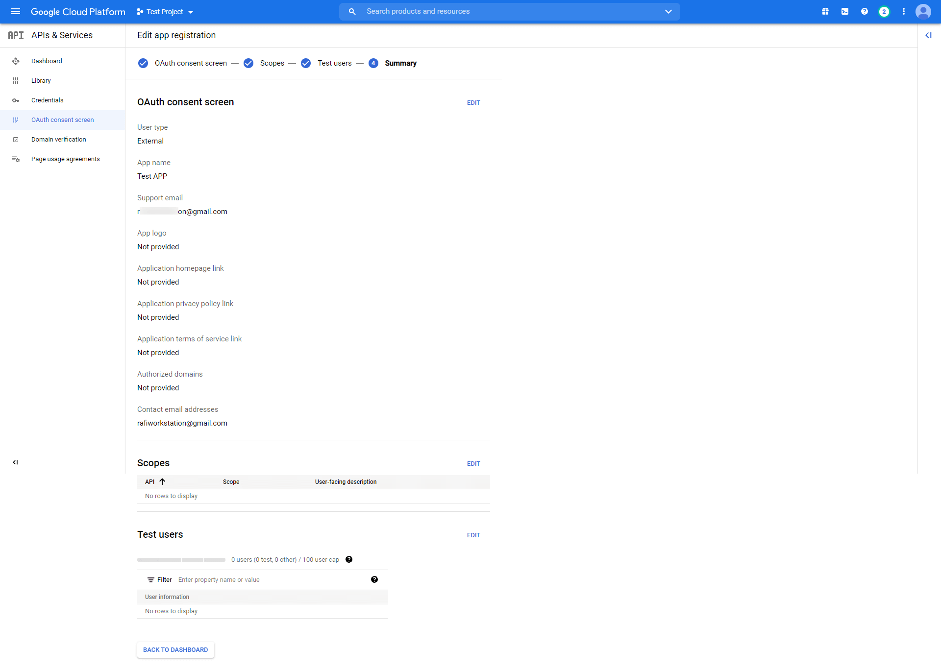 Rezumatul înregistrării aplicației OAuth Consent
