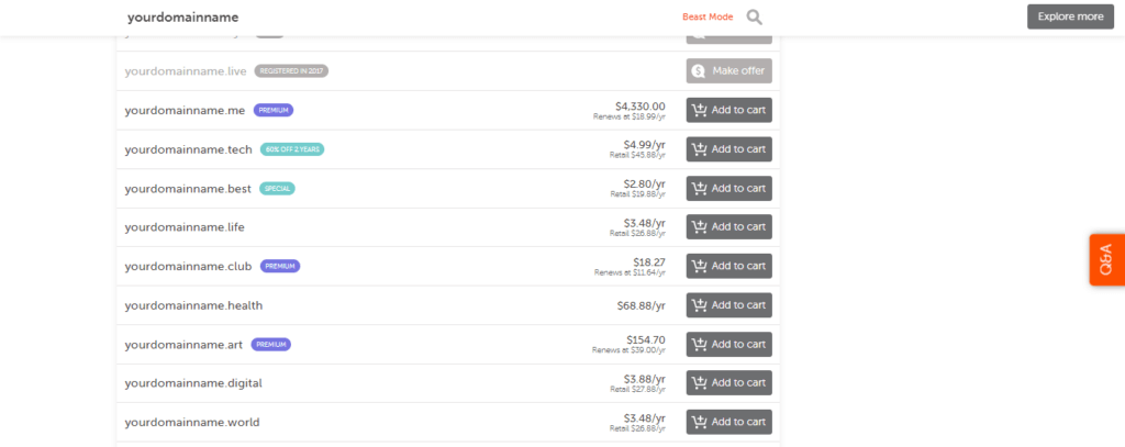 ドメイン名を選択してください