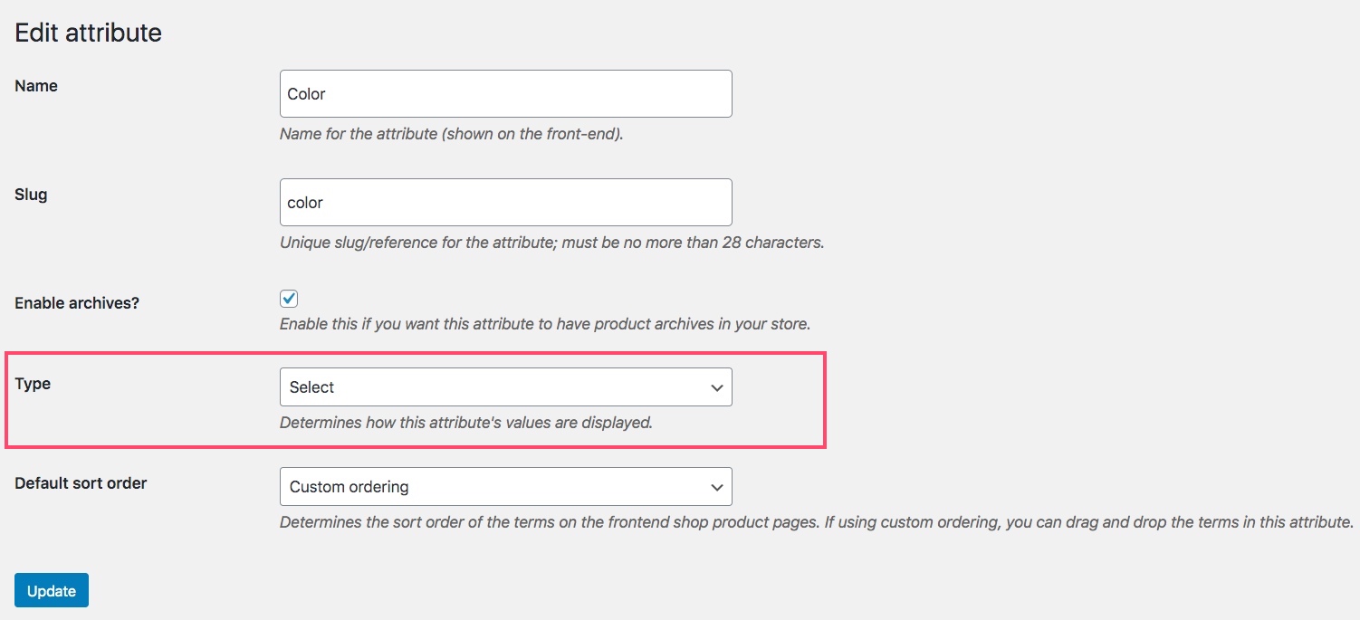 Attributtypfeld für Farbe