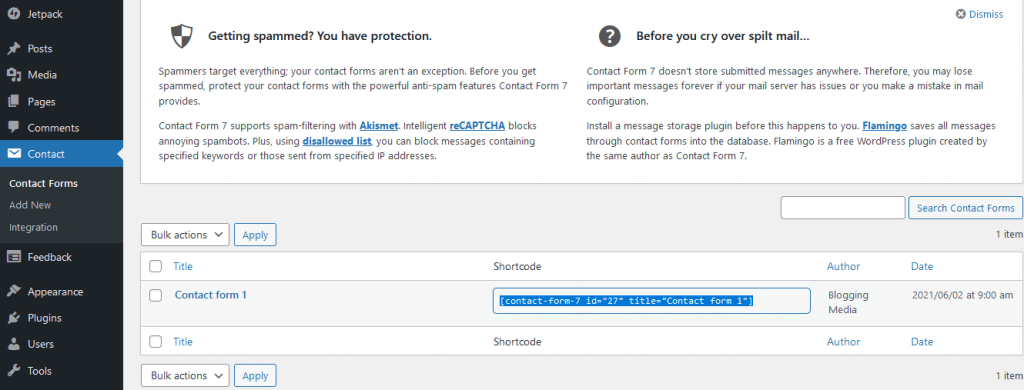 Copiez le shortcode du formulaire de contact