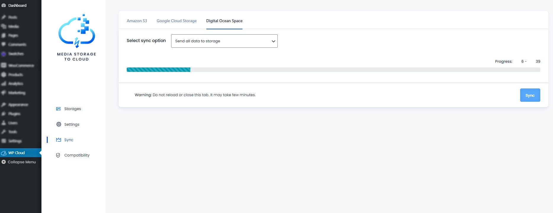 Progresul sincronizarii DigitalOcean