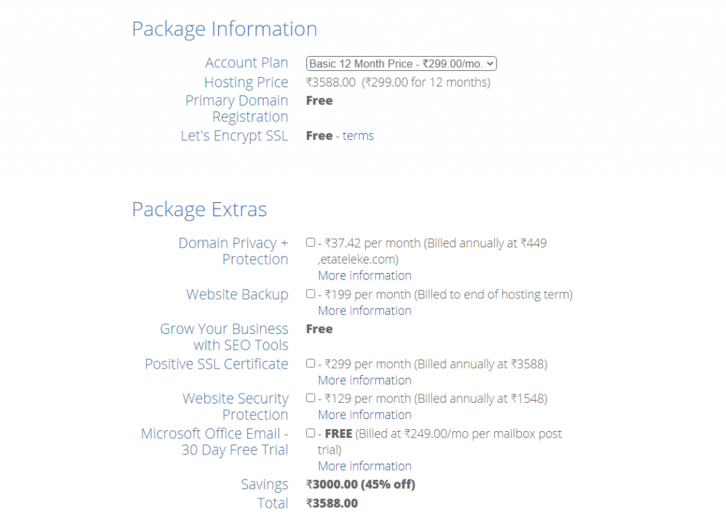 Informazioni sul pacchetto di hosting