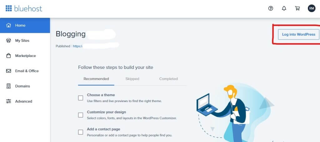 Dashboard dell'account di hosting Bluehost