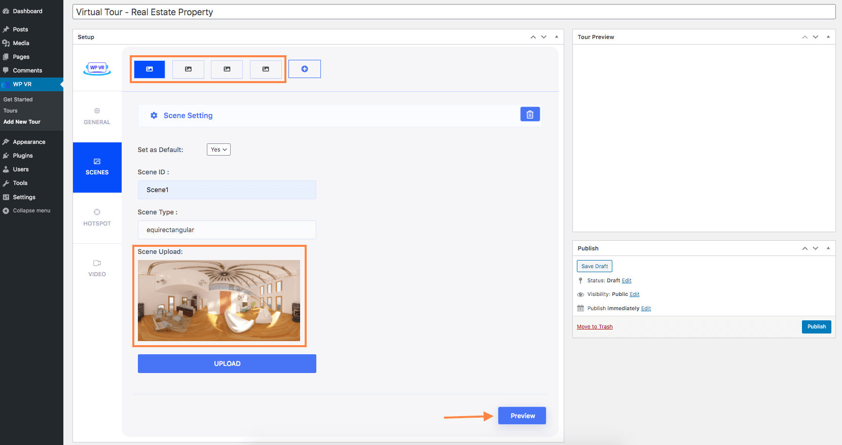 上传多个 360 度图像以进行虚拟游览