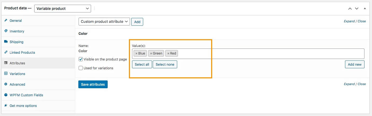 Attributi del prodotto aggiunti
