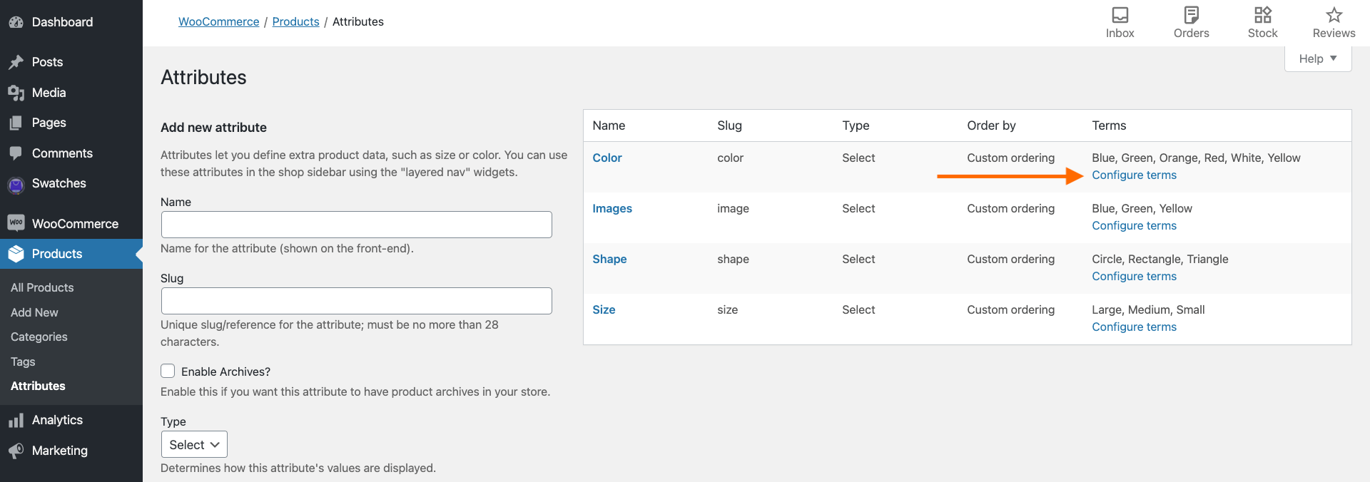 Imposta i termini per l'attributo globale del prodotto