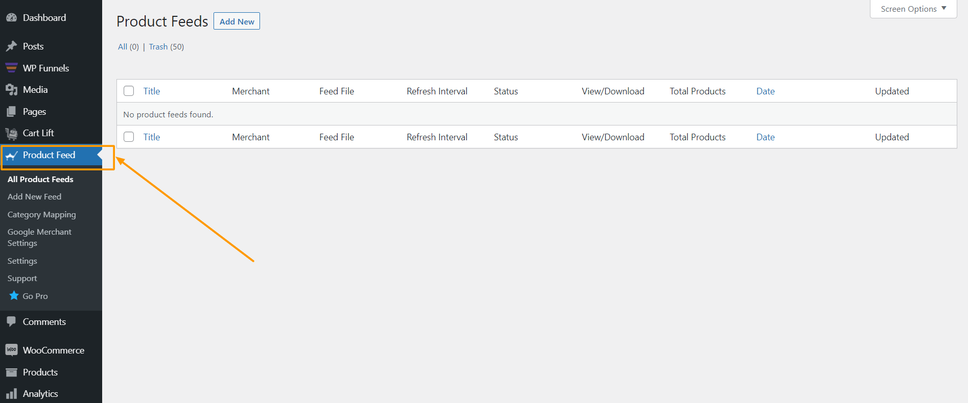 Pannello di controllo del feed di prodotto