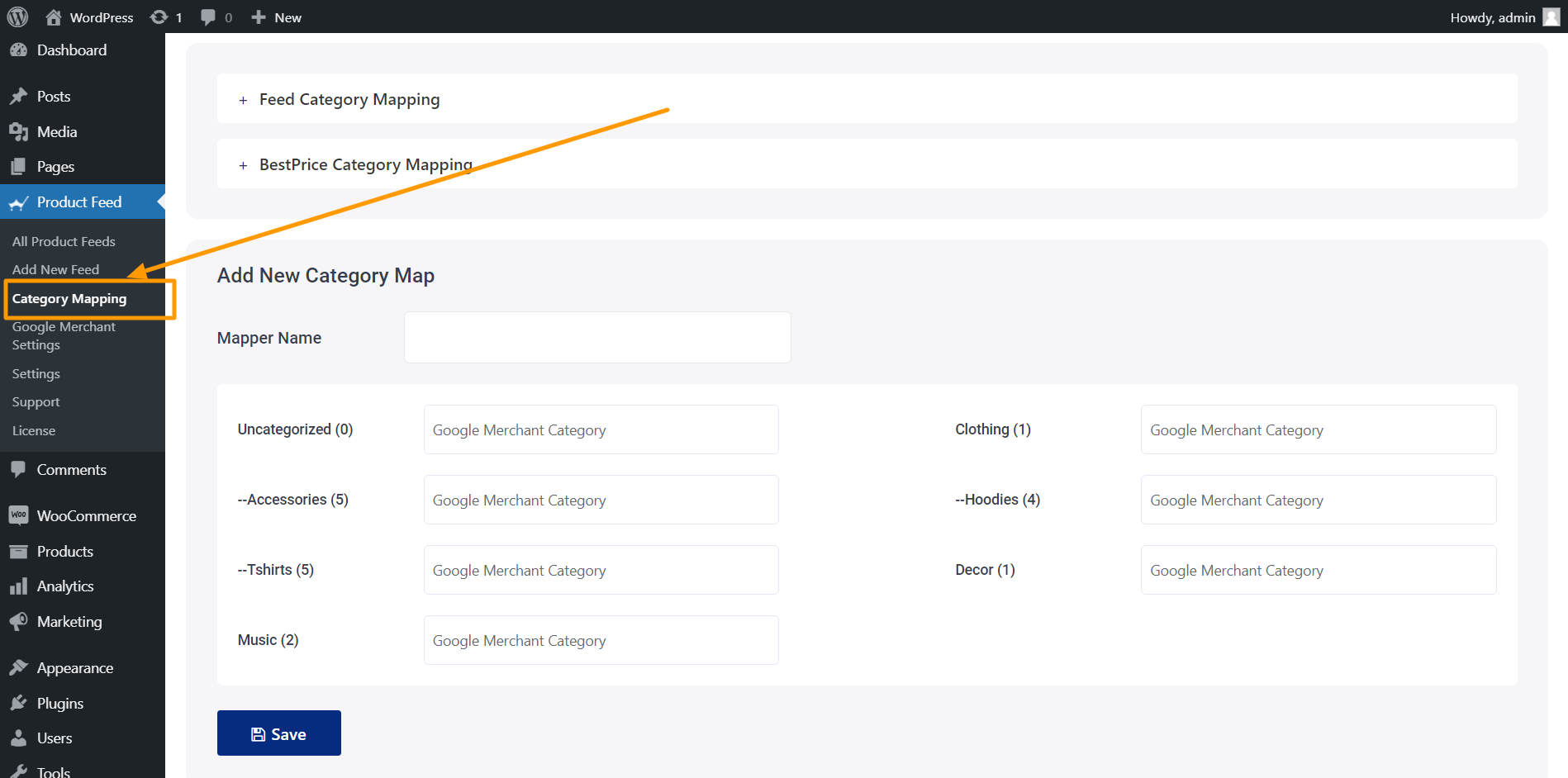 Mappatura delle categorie di Product Feed Manager